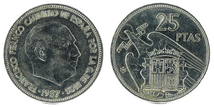 Old Spanish coin of 25 pesetas, Francisco Franco. Year 1957, 70 in the star.