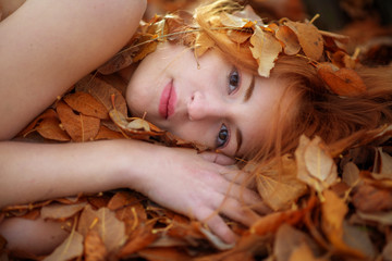 Portrait eines netten jungen reizenden Mädchens bedeckt mit roten und orangenen herbstlichen Blättern. Schönes sexy Mädchen, das auf Herbstlaub liegt. Gesicht einer Jungen Frau unter rot goldenem Laub