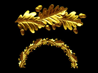 golden ornamental segment, "oak leaf", round version, fourty-five degree angle, for corner or circle, 3d Illustration, separated on black