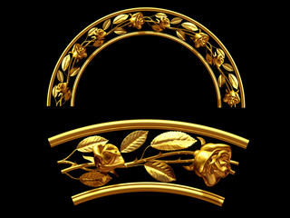 golden ornamental segment, "roses", round version, fourty-five degree angle, for corner or circle, 3d Illustration, separated on black