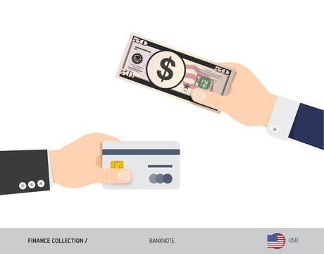 Hand giving dollar 50 US Dollar and credit card instead. Flat style vector illustration. Business finance concept.