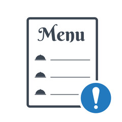 Restaurant food menu icon, cafe menu concept icon with exclamation mark. Restaurant food menu icon and alert, error, alarm, danger symbol