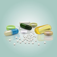 Realistic 3d pills. Pharmacy, antibiotic, vitamins, tablet, capsule. Medicine. Vector illustration of the Tablets and Drugs.