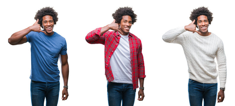 Collage of african american young handsome man over isolated background smiling doing phone gesture with hand and fingers like talking on the telephone. Communicating concepts.