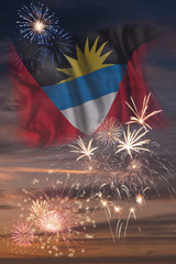 Fireworks and flag of Antigua and Barbuda