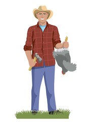 a man stands and holds a chicken