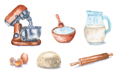 Watercolor set for baking: dough mixer, flour, milk, eggs, dough, rolling pin. Kitchen elements and foods are isolated on white background
