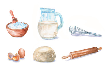Watercolor set for baking: flour, milk, eggs, dough, rolling pin, whisk. Kitchen elements and foods are isolated on white background