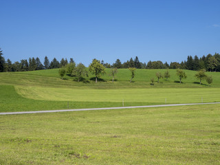 Fototapeta premium Paysages champêtres de Bavière. Vues sur les collines, prairies verdoyantes et pâturages autour du village de Hundham dans la vallée du Leitzach au pied du Schwarzenberg.