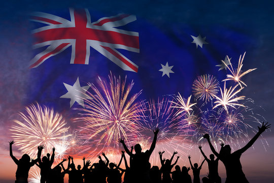 People are looking on fireworks and flag of Australia