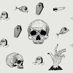 Vector seamless hand drawn vintage horror pattern with skulls, zombie hand, eye, grave, trumpet. Creepy decoration for paper, textile, wrapping decoration, scrap-booking, t-shirt, cards.
