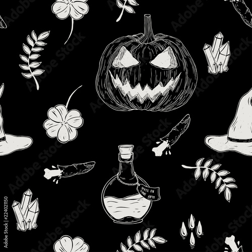 Vector Seamless Hand Drawn Vintage Halloween Pattern With