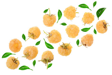 Yellow raspberries with leaf isolated on white background with copy space for your text. Top view. Flat lay pattern