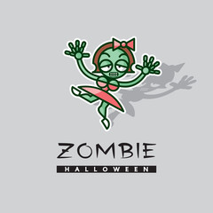 Fototapeta premium Zombie girl ballerina - vector cartoon character. Graphic illustration of unusual female image on red blood spot - funny icon, original concept of Halloween.