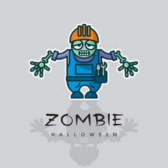 Zombie worker with helmet and skeleton hand - vector cartoon character. Cute graphic illustration of unusual workman - funny icon, original concept of Halloween.