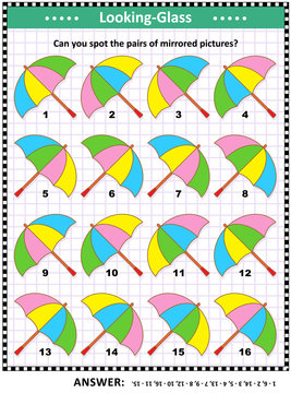 IQ, memory and spatial skills training visual abstract puzzle with colorful umbrellas: Can you spot the pairs of mirrored pictures? Answer included.
