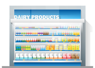 Dairy products for sale display on shelf in supermarket , vector , illustration