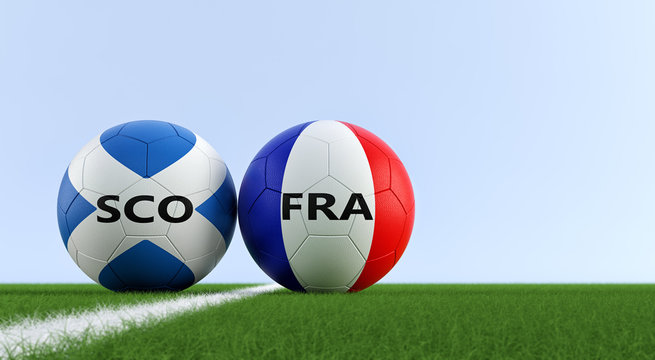 Scotland vs. France Soccer Match - Soccer balls in Scotland and France national colors on a soccer field. Copy space on the right side - 3D Rendering 