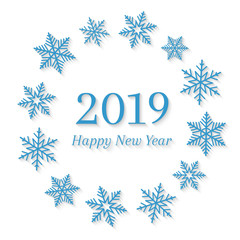 2019 and Happy New Year concept with blue snowflakes around it in circle shape. Abstract wreath and seasonal design on white background. 