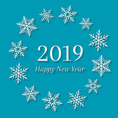 Fototapeta na wymiar 2019 and Happy New Year concept with white snowflakes. Greeting card design. 