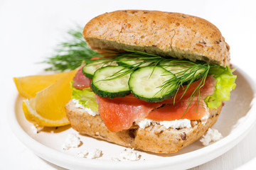 sandwich with salted fish, fresh vegetebles and cream cheese on the plate, closeup