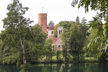 LAGOW, POLAND - Lagow Castle (Castle of the Order of St. John) view from across the Trzesniowskie lake