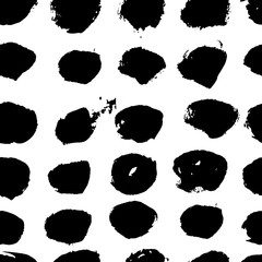 Vector seamless grunge polka pattern. Black and white circle ornament. Ink vector illustration.