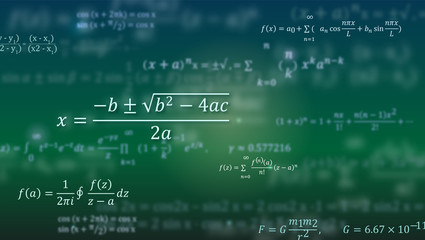 Mathematical formulas. Abstract green background with Math equations floating on blackboard. Pattern for cover, presentation, leaflets. Vector 3D illustration. - obrazy, fototapety, plakaty