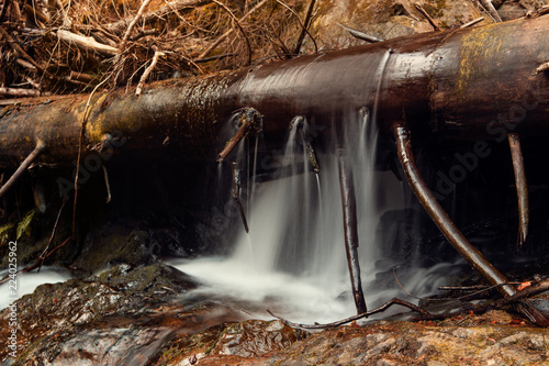 Fallen Tree And Waterfalls At A Mountain Forest River In