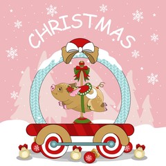 Cute pig on Christmas and new year background. Vector illustration.