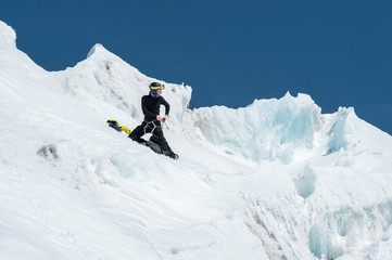 Naklejka na ściany i meble Mountain guide candidate training ice axe and rope skills on a glacier in the North Caucasus