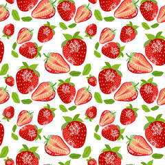 Fresh red strawberries on a white background. Hand-drawn seamless pattern.
