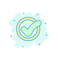 Cartoon colored check mark icon in comic style. Ok sign illustration pictogram. Approved splash business concept.