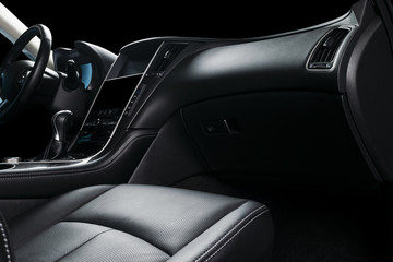 Modern Luxury car inside. Interior of prestige modern car. Comfortable leather seats. Black...