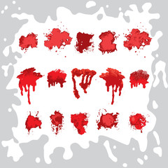 Red splash of blood. Vector set of blood spots.
Graphic design of abstract splatters on white background.