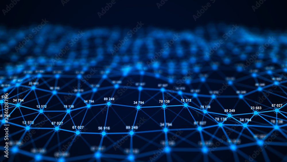 Poster Big data visualization. Technology block chain concept. Futuristic infographic. 3D Rendering. Network connection.