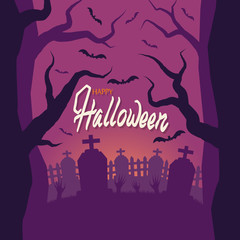 Halloween. Cemetery, zombie hands stick out of the ground. Fence, grave. Sunset, terrible trees. The bats. 10 eps
