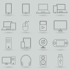 Gadgets linear icon set. Electronic gadgets and computer devices. Simple outlined icons. Linear style