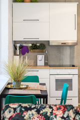 The kitchen and dining room in a modern apartment. Kitchen area in studio apartments. © Aleks Kend