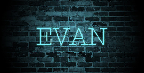 first name Evan in blue neon on brick wall