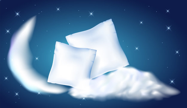 Two feather pillow against the starry night sky, moon and cloud