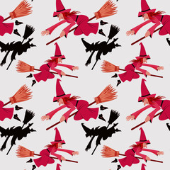 Witch on broom. Repeating seamless pattern. Suitable for Halloween.