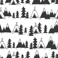 Obraz premium Landscape, seamless pattern vector. Backdrop, mountains, wigwams, fir trees. Decorative wallpaper, good for printing. Hand drawn overlapping background