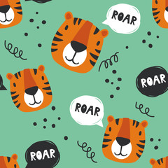 Muzzle of tigers, hand drawn backdrop. Colorful seamless pattern with muzzles of animals. Decorative cute wallpaper, good for printing. Overlapping background vector. Design illustration, roar