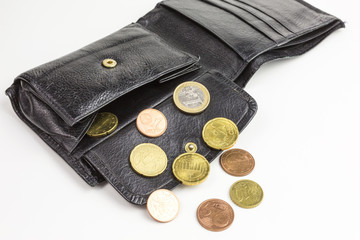 open black leather wallet with euro coins