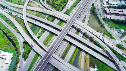 a baffling maze of high-speed expressways encircles the city. , Aerial view interchange of Thailand.