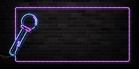 Vector realistic isolated neon sign of microphone frame logo for decoration and covering on the wall background. Concept of night club, live music and karaoke bar. - obrazy, fototapety, plakaty