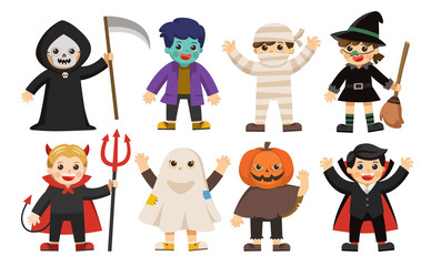 Set of Happy Halloween. Funny children in colorful costumes.