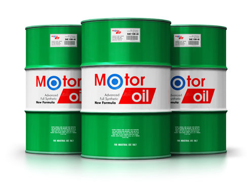 Group of barrels with motor oil lubricant isolated on white background
