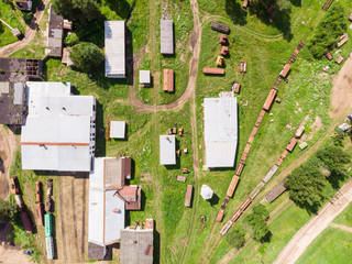 Branches of the railway at the marshalling yard, a lot of freight wagons from the height